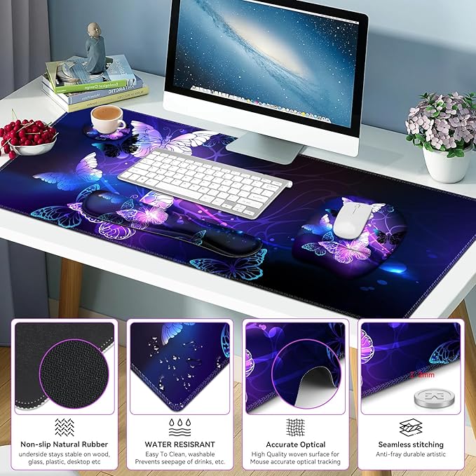 Large Mouse Pad with Wrist Support 4in1 Set XXL Game Mousepad + Keyboard Wrist Rest+Mouse Wrist Rest+Coaster with Ergonomic Design Gaming Mat for Home Office Table Computer I Purple Butterfly