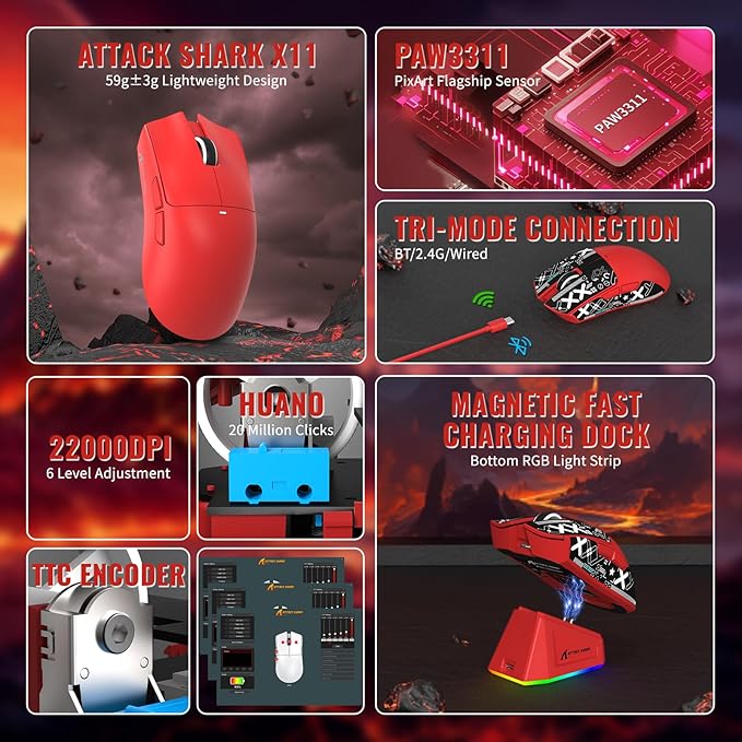 Attack Shark X11&ampX60HE Mechanical Wireless Gaming ComboRapid Trigger Magnetic Switches 8K Keyboard59g Ultra-Light Mouse with Charging Dock 22K DPIPAW3311RGB Backlit 3-Mode with Coiled Cable-R