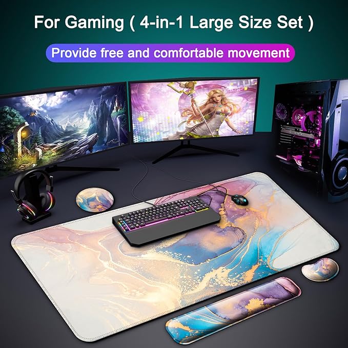 Keyboard Wrist Rest + Mouse Pad with Wrist Support + Desk Mat + Coaster 4 in 1 Set XXL Large Gaming Mousepad Cute Ergonomic Mouse Pads for Desk Computer Laptop Office Decor-Blue Marble
