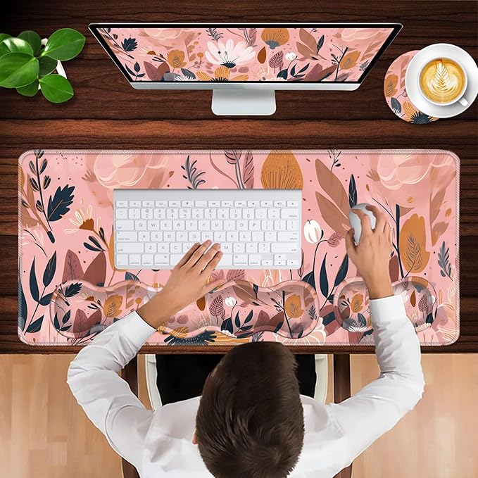 Keyboard Wrist Rest and Mouse Pad with Wrist Support Set Ergonomic CoasterMemory FoamEasy Typing Pain ReliefLarge XL Desk Mat 31.5x 11.8Pink Floral