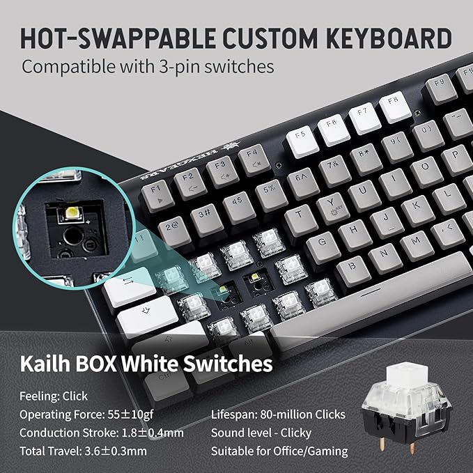 Hexgears GK735 Wired Full Size Mechanical Keyboard Aluminum Housing Built for Gamers w/Kailh Box White Switch White Backlit + Surrounded by RGB Light Strip 104 Keys Gaming Keyboard for PC/Mac
