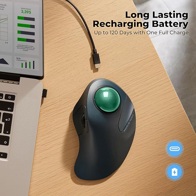 Wireless Trackball Mouse for Large Hands Ergonomic Index Finger Control Rechargeable Bluetooth/USB Mouse with Precise Smooth Tracking Multi-Device Connection for Windows &amp Mac Green
