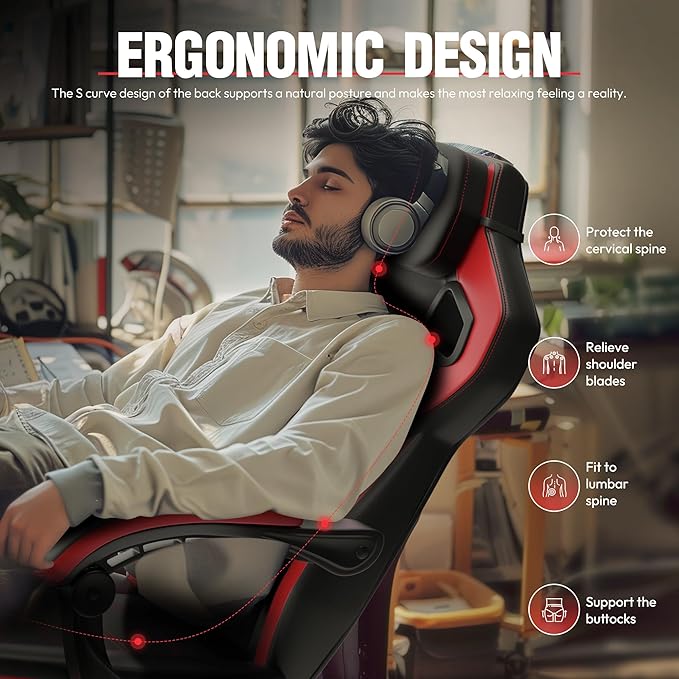 Dowinx Gaming Chair with Footrest Big and Tall Gaming Chair for Heavy People Gamer Chair for Adult with Massage Ergonomic Gaming Chair with headrest Computer Game Chair for 200lbs Red
