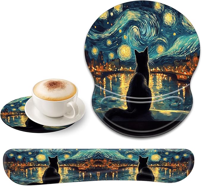 Bxgolkgd Ergonomic Gel Mouse Wrist Rest Pad and Keyboard Pad SetAnti-Slip PU Bottom Easy Typing and Relieve Wrist Pain with Cute Coaster Set (3-Starry Night with Cat)