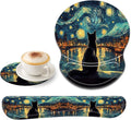 Bxgolkgd Ergonomic Gel Mouse Wrist Rest Pad and Keyboard Pad SetAnti-Slip PU Bottom Easy Typing and Relieve Wrist Pain with Cute Coaster Set (3-Starry Night with Cat)