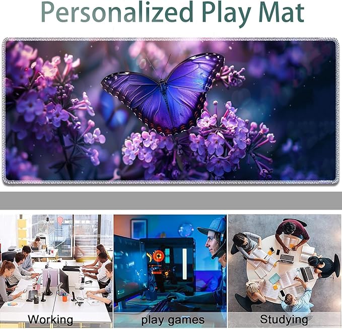 Large Gaming Mouse Pad + Keyboard Wrist Rest + Wrist Support + Coaster Set Memory Foam Ergonomic for Easy Typing XXL Extended Gaming Mouse Pad Table Pad - Purple Butterfly