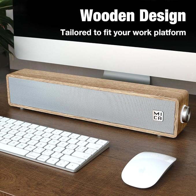 MICA Computer Speakers Vintage Wired Computer Sound Bar Retro Wooden Mini Soundbar 3.5mm Aux Connection USB Powered PC Speakers for Desktop Monitor Laptop Tablets (Yellow)