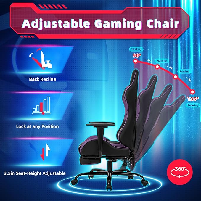 Massage Gaming Chair w/Footrest Video Racing Chair PC High Back Desk Computer Chair PU Leather Recliner w/Headrest and Lumbar Pillow Purple