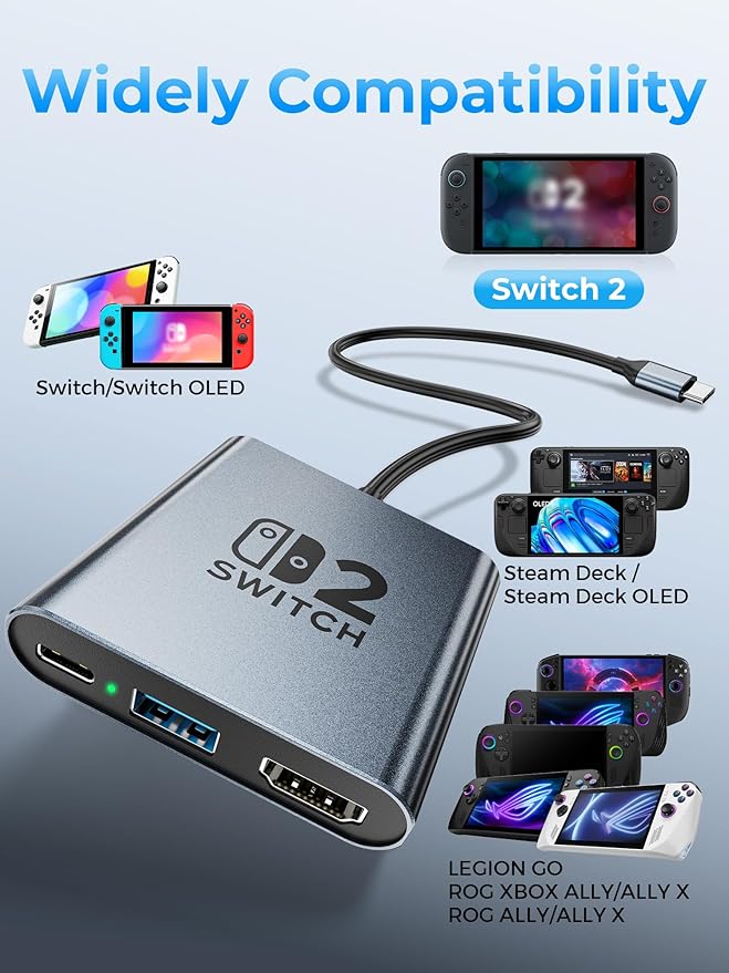 Switch 2 DockPortable USB C Docking Station with 4K@120Hz/PD 100W/1000M Ethernet/2 USB 3.0 PortAluminum Alloy Travel TV Dock for Switch/Steam Deck/ROG Xbox Ally X/Legion Go 1/2/S