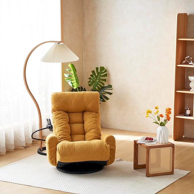 360° Swivel Floor Gaming Chair Yellow Teddy Folding Chaise Lounge Chair Adjustable Comfy Sofa Chair with Armrests Phone Holder &amp Padded Cushion Ideal for Living Room Bedroom