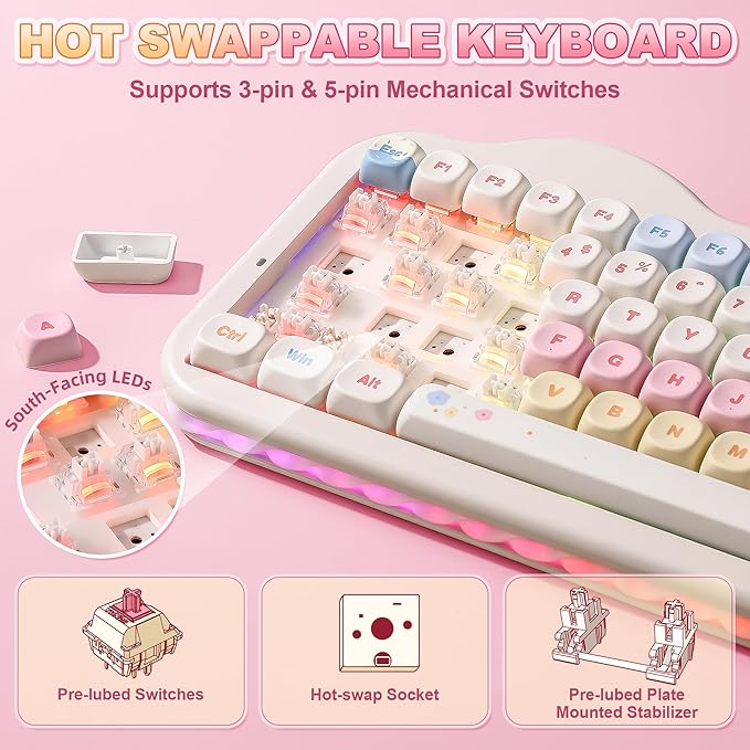 YUNZII C75 Wireless Mechanical Keyboard75% Layout Hot-Swappable NKROBT5.0/2.4G/USB-C ModeDye-Sub PBT MOA KeycapsRGB Gasket MountCute Cake Design for Mac/Win/Gaming (Beige Milk V2 Switch)