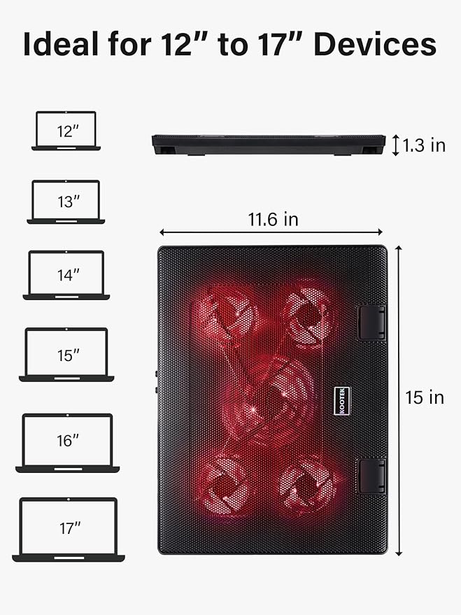 Kootek Laptop Cooling Pad Laptop Cooler with 5 Quiet Fans for 12-17 Computer PC Notebook Gaming Laptop Fan Height Adjustable Laptop Cooling Stand Laptop Accessories Red