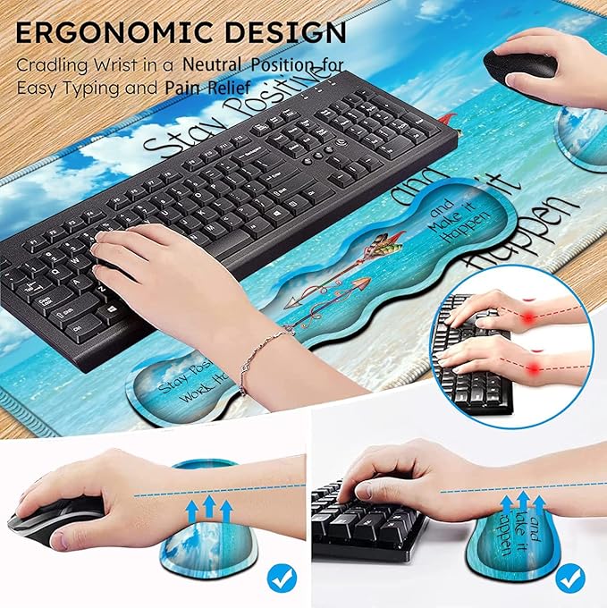 Ergonomic Keyboard Wrist Rest + Large Mouse Pad + Mouse Wrist Support Set Memory Foam Mouse Wrist Non-Slip Rubber Base for Easy Typing Extended Gaming Mousepads XXL Blue Sky Sea Desk Mat Decoration
