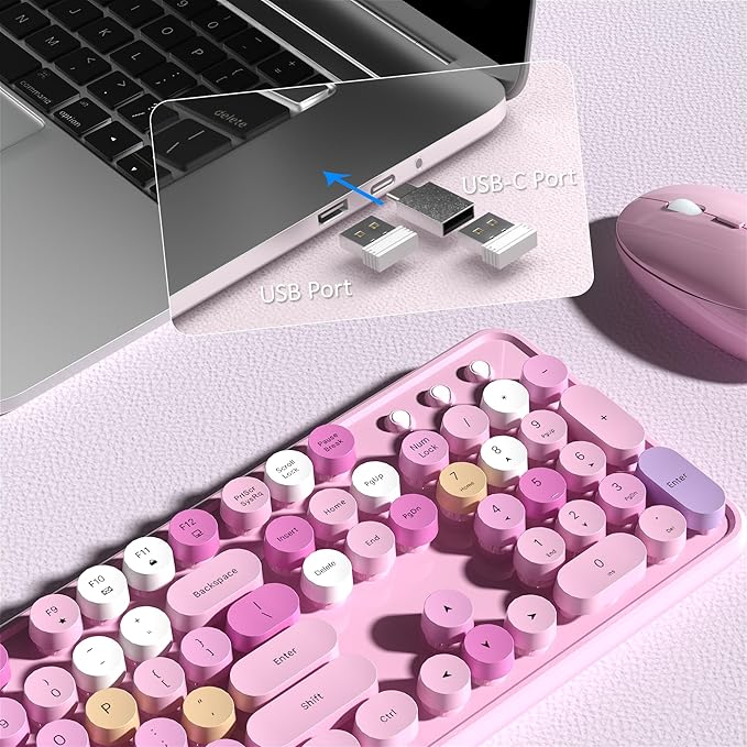 Colorful Wireless Keyboard and Mouse Combo COVEVA 2.4GHz Wireless Retro Cute Round Keycaps Keyboard 104 Keys Full-Sized Keyboard Mouse Set with Switch Button for PC Laptop Desktop (Pink Colorful)