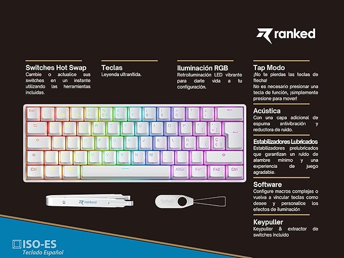 Ranked S60 Supernova 60% | Hot Swappable Mechanical Gaming Keyboard | 62 Keys Multi Color RGB LED Backlit for PC/Mac Gamer | ISO ES Spanish Layout (White Gateron Optical Blue)