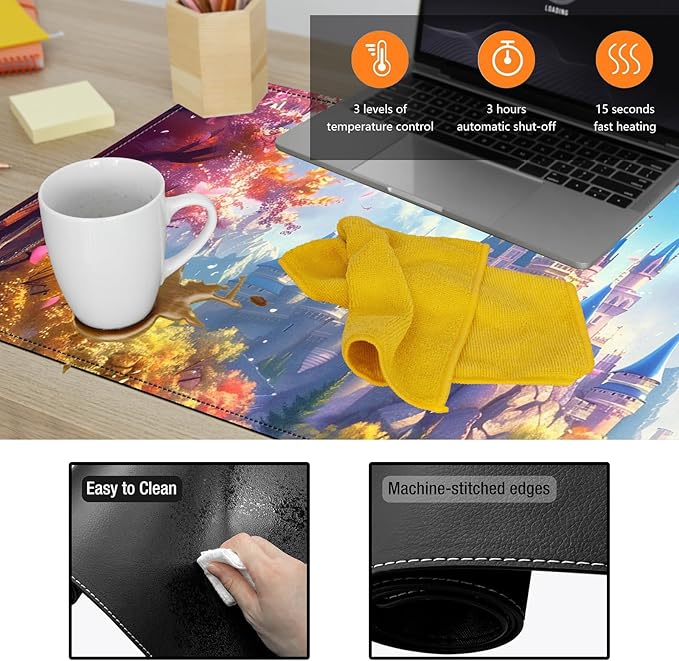 Heated Mouse Pad - 3 Temperature Settings (86°F–122°F)Auto Shut OffLarge 31.5x13 Inch PU Leather Desk Mat for OfficeGamingCold Hands ReliefDream Castle