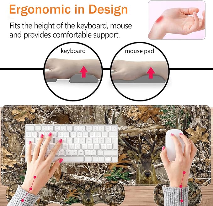 Large XXL Gaming Desk Mat 31.5x 11.8 Ergonomic Keyboard Wrist Rest &amp Mouse Pad Wrist Rest + Coaster Set Non-Slip Base Memory Foam Office and Home Camouflage Giraffe