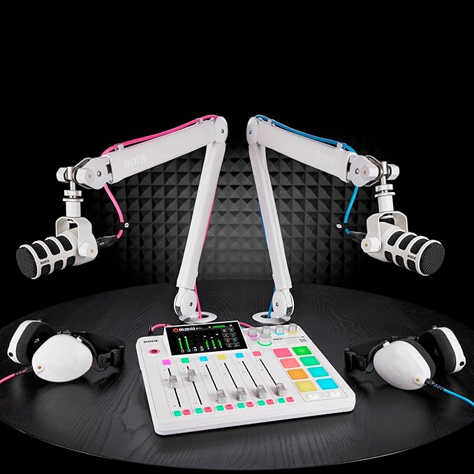 Rode PodMic Cardioid Dynamic Broadcast Microphone (White Pair) with 2X PSA1+ Broadcast Microphone Boom Arms 2X Cans50 Professional Studio Headphones and 2X XLR Cables