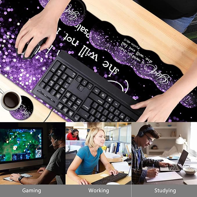 Black Gaming Mouse Pad Extended Large Mouse Pads Ergonomic Memory Foam Keyboard Wrist Rest Support &amp Non-Slip Mouse Wrist Rest for Laptop Desk Writing Pad Purple Glitter Psalm 46:5 Office Desk M