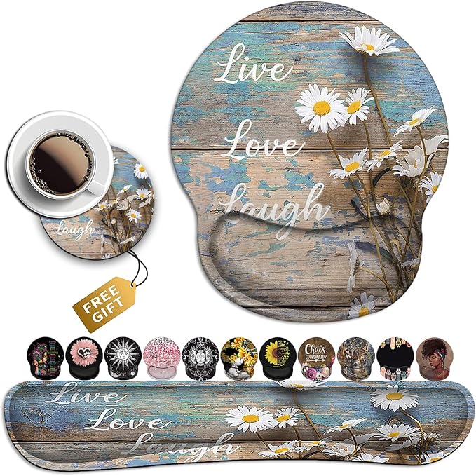 Mouse Pad for Women Ergonomic Gel Mouse Pad Keyboard Wrist Rest Relieves Fatigue White Daisy Flowers on Wooden Non-Slip and Durable Memory Foam Keyboard Wrist Rest for Office Typing