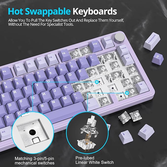 Fogruaden M75 Wireless Creamy 75% Mechanical Gaming Keyboard RGB Hot Swappable Custom Purple Gasket Pre-lubed Linear White Switches Bluetooth/2.4GHz/USB-C Five-Layer Pad&ampKnob