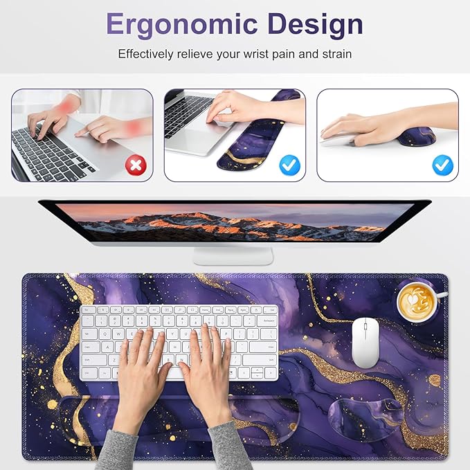 Large Gaming Mouse Pad Set 4 in1 Ergonomics Keyboard Desk Mat with Memory Foam Wrist Rest Extended Game Mousepad Non-Slip Desk Pad Matt Easy Typing Pain Relief I Purple Golden Marble