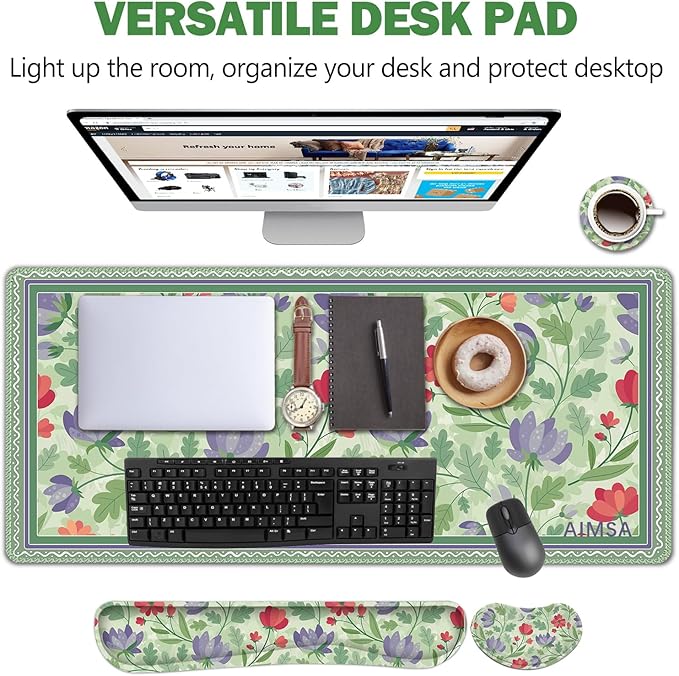 AIMSA Gaming Mouse Pad Wrist Support Set Desk Pad +Mouse Wrist Rest +Keyboard Wrist Rest +Coaster 4in1 Ergonomic Mouse Pad Combo for Home Office -Red Purple Flower
