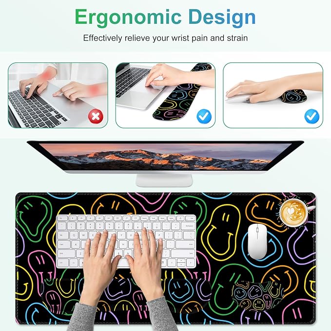 Large Gaming Mouse Pad Set 4 in 1 Extended Keyboard Desk Mat with Wrist Rest Computer Game Mousepad Non-Slip Desk Pad Protector Easy Typing Pain Relief for Home Office I Black Retro Hippie
