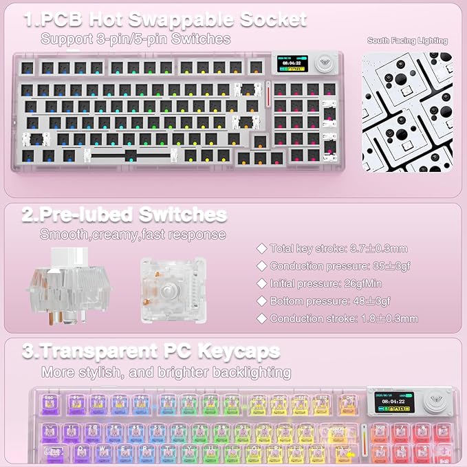 AULA F98 Pro V3 Wireless Mechanical Keyboard with Transparent KeycapsHot-swappablePre-lubed Linear SwitchesGasket StructureRGB BacklitTFT ScreenBT5.0/2.4G/USB-C Wired Computer Keyboard