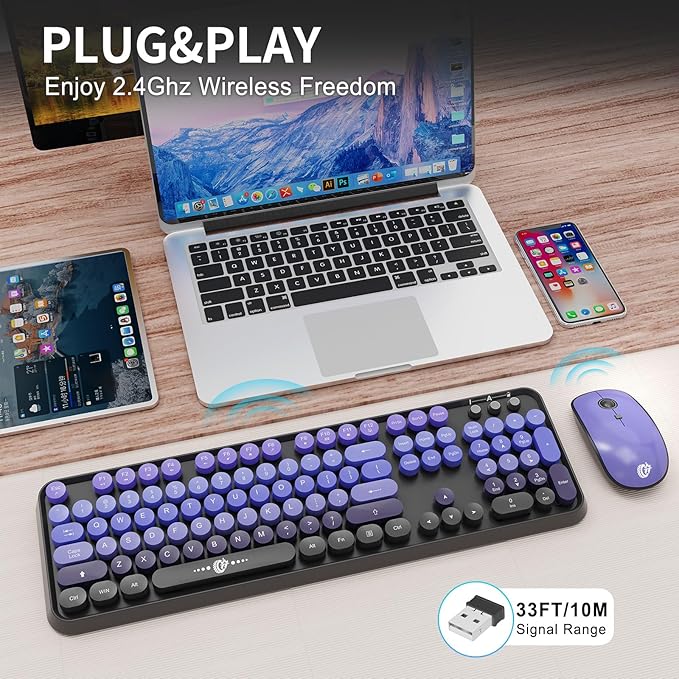 FOPETT Wireless Keyboard and Mouse Combo 104 Keys Full-Sized 2.4 GHz Round Keycap Colorful Keyboards USB Receiver Plug and Play for Windows Mac PC Laptop Desktop (GradientPurple)