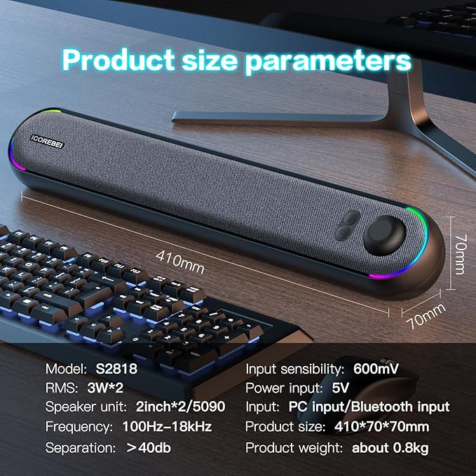 Desktop Computer Speakers Stereo Soundbar Bluetooth 5.3 USB/Type-C Power and Audio Transmission Plug-and-Play Compatible with PC Mac Laptops Monitors RGB Lighting Wired Gaming Speakers