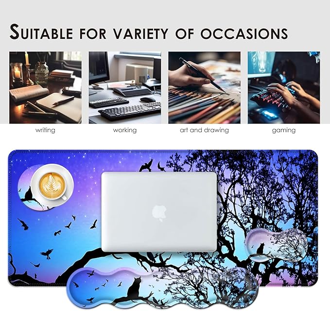 Large Keyboard Mouse Pad Set Extended Mouse Pad+Keyboard Wrist Rest Support Memory Foam Ergonomic Easy Typing 4Pcs (31.5×11.8 in) Desk Pad Set for Office HomeBlack Cat Under Starry Night