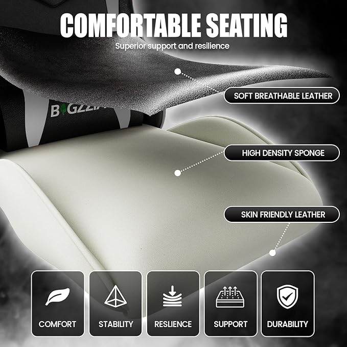 Bigzzia Gaming Chair Ergonomic Video Game Chairs with Pillow and Lumbar Support Racing Style Height Adjustable Computer Chair with 360°-Swivel Seat for Adults（White）