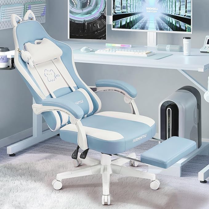 Gaming Chairs Comfy Video Game Chair for Adults with Cat Ears Pocket Spring Cushion Massage Lumbar Support &amp Headrest Ringing Accessories Cute Leather Ergonomic Computer Chair for Girls Blue/Wh