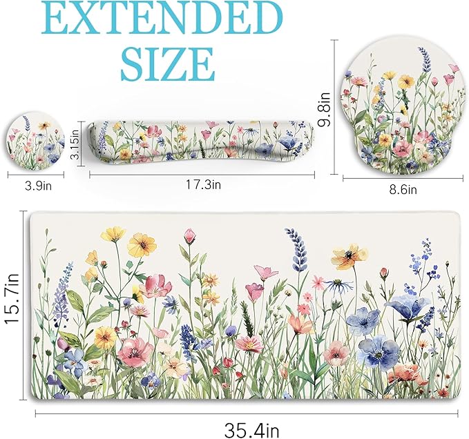 Flower Mouse Pad Set Large Desk Matt for Desktop Ergonomic Mouse Pad with Wrist Rest Gaming Wrist Support Keyboard Mat Cup Coaster Set Cute Office Desk Decor Accessories