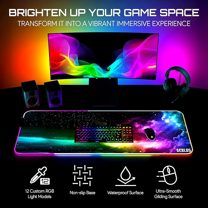 Gerlos RGB Large Gaming Mouse Pad Extended Soft LED Mouse Pad Non-Slip Rubber Base Water Resist Keyboard Pad Computer Mousepad 31.5×11.8 inches