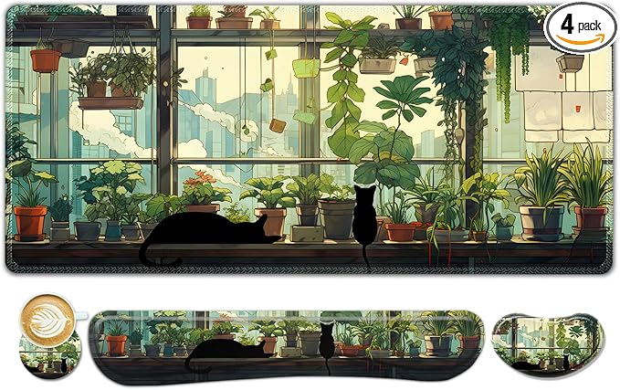 ToLuLu Extended Gaming Mouse Pad Memory Foam Ergonomic Keyboard Mouse Wrist Rest Support Set Large Desk Mat with Stitched Edges Non-Slip Base Mousepad Home Office Cute Green Japanese Kawaii Cat