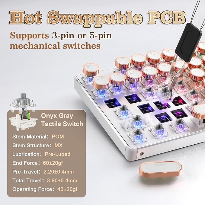 YUNZII QL108 Typewriter Style Mechanical Gaming KeyboardFull Size Hot Swappable RGB Backlit KeyboardsMetal Panel Retro Punk Round KeycapsUSB Wired Computer Keyboard (Silver Onyx Gray Switch)