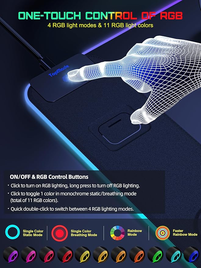 TopMade RGB Gaming Mouse Pad with 15W Wireless Charging 31.5” x 15.8” XXL Large Desk Mat Home Office Keyboard Pad for Desk Waterproof Mousepad with 4 Light Modes &amp 11 RGB Colors Classic Black