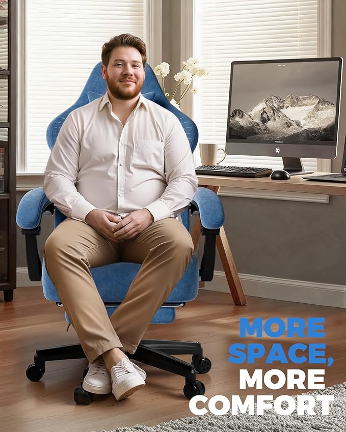 GTPLAYER Big and Tall Gaming Chair with Footrest Extra Wide Seat Video Game Chairs for Adults - Padded High Back Ergonomic Reclining Silla Gamer Linkage Armrest Ace Pro Blue【Velvet】 (Oversized)