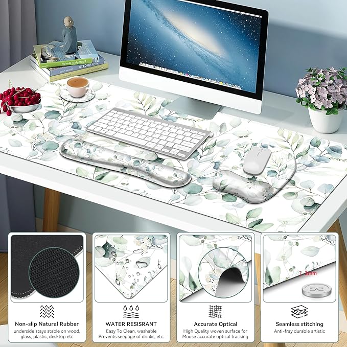 Large Mouse Pad with Wrist Support 4in1 Set XXL Big Game Mousepad +Keyboard Wrist Rest+Mouse Wrist Rest+Coaster with Ergonomic Design Gaming Mat for Home Office Computer I Eucalyptus Branches