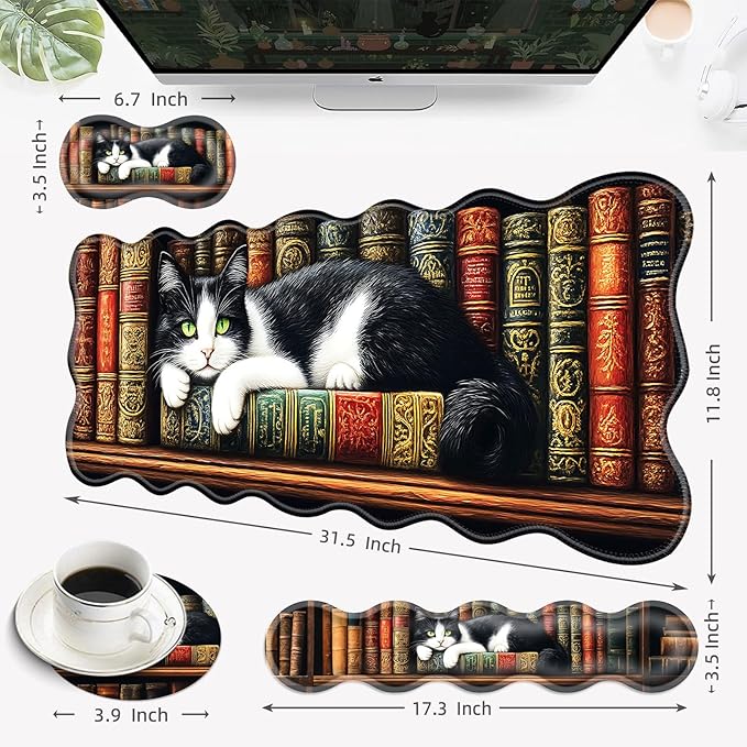 Desk Mat Mouse Pad with Wrist Rest 4-in-1 Large Mouse Pads for Desk Ergonomic Mouse Pad and Keyboard Wrist Rest Gaming Keyboard Mat for OfficeCat on Bookshelf