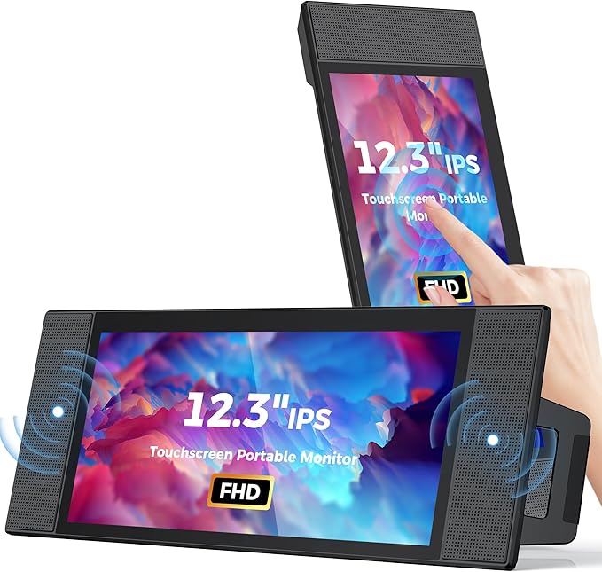 Laptop Screen Extender 12.3 IPS FHD High Brightness 600CD/㎡Gaming Monitor with Foldable Kickstand/Dual Speakers Travel Touch Screen Monitor for Windows Mac PC Laptop Phone PS5/Switch