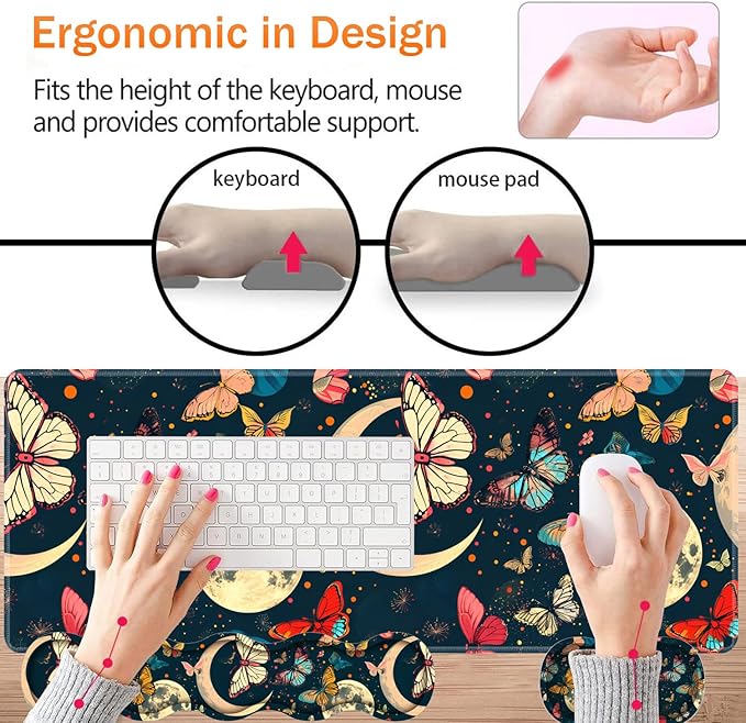 Large XXL Gaming Desk Mat 31.5x 11.8 Ergonomic Keyboard Wrist Rest &amp Mouse Pad Wrist Rest + Coaster Set Non-Slip Base Memory Foam Office and Home Moon Butterfly