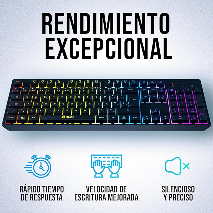 KLIM Chroma Wireless Spanish (España) Keyboard RGB Backlit Wireless Keyboard Rechargeable Battery Quiet Water-Resistant Plug &amp Play for PC Mac PS4/PS5