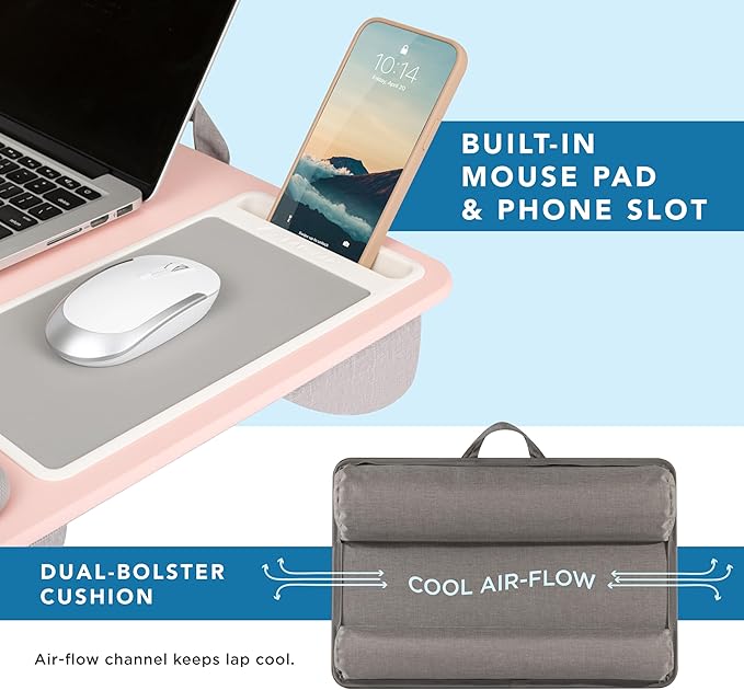 LAPGEAR Home Office Pro Lap Desk with Wrist Rest Mouse Pad and Phone Holder - Pink - Fits up to 15.6 Inch Laptops - Style No. 91604