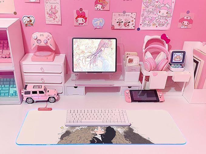 JMIYAV Pink RGB Gaming Mouse Pad 31.5x12 Inch PC XL Large Extended Glowing Led Light Up Desk Pad Non-Slip Rubber Base Computer Cute Mousepad Mat Desk Accessories Gaming Setup 56-820