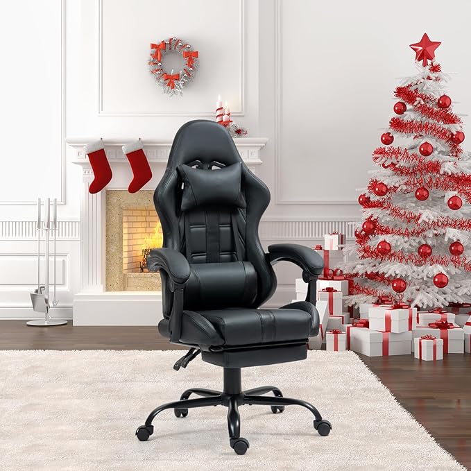 ECOTOUGE Massage Gaming Chair Video Game Chair with Footrest Ergonomic Computer Chair with Headrest and Massage Lumbar Support Height Adjustable High Back Office Desk Chair with 360° Swivel Black
