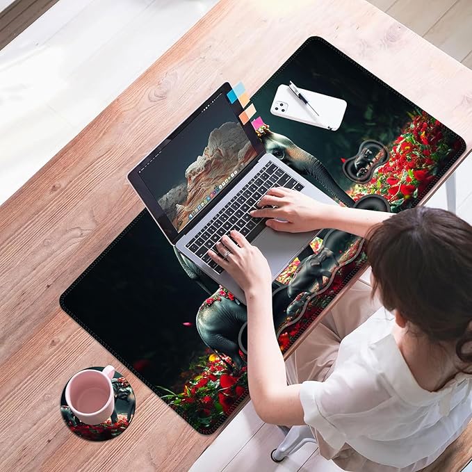 Mouse PadLarge Desk Mat Set 4in1 XL Mousepad + Keyboard Wrist Rest+Mouse Wrist Rest+Coaster with Ergonomic Desk Pad for Home Office Table Computer Cover -Mother and Baby Elephants