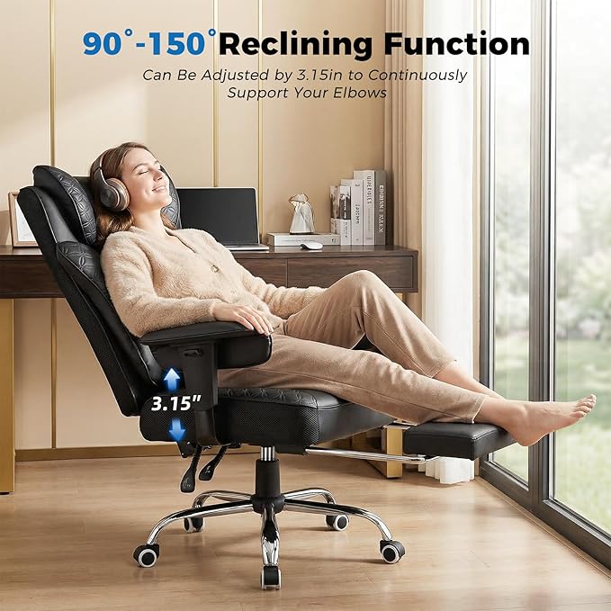 GTPLAYER Big and Tall Office Chair 400LBS Wide Ergonomic Gaming Chair with Deluxe Embossing Designed Leather with Foot Rest150°Reclining Adjustable Soft Armrests Pocket Spring Back Support and Pillow